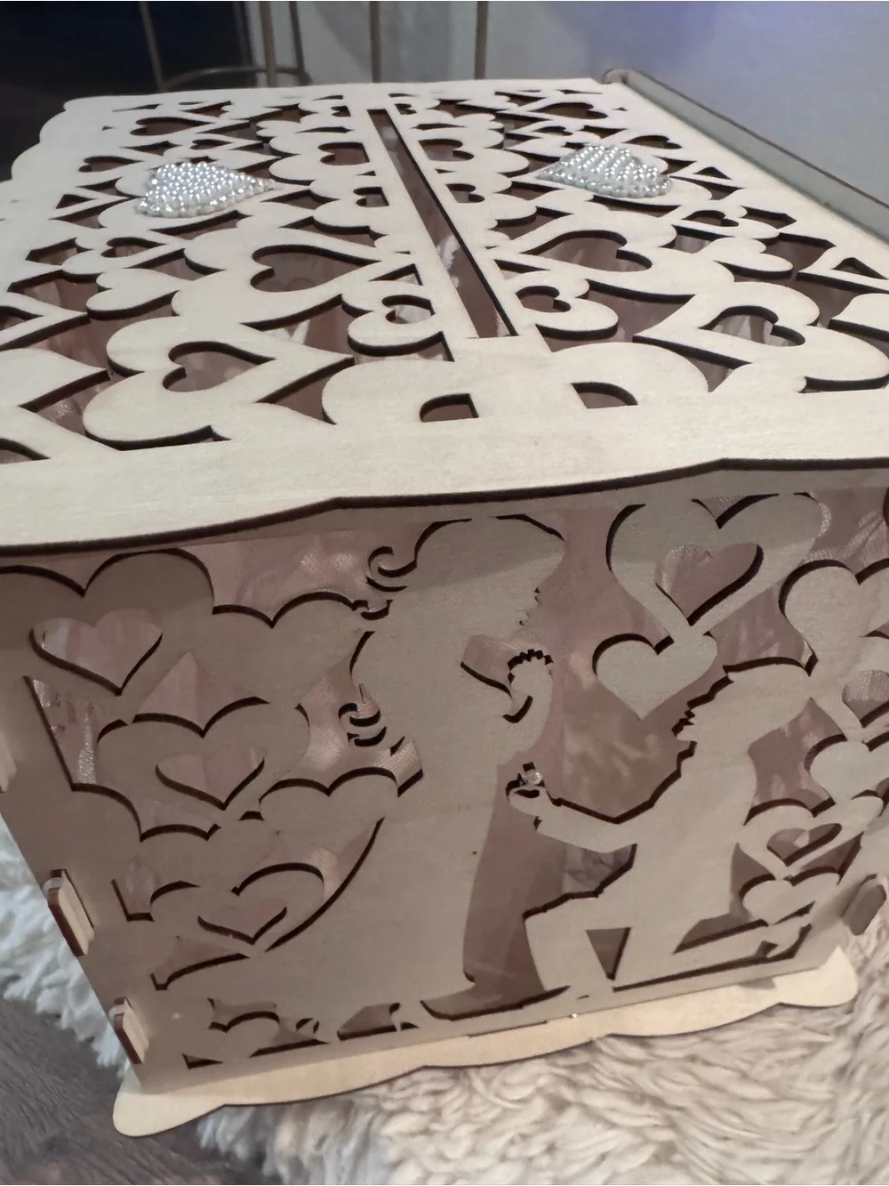 Laser-Cut Heart Keepsake Box in Light Beige with Pearl Accents